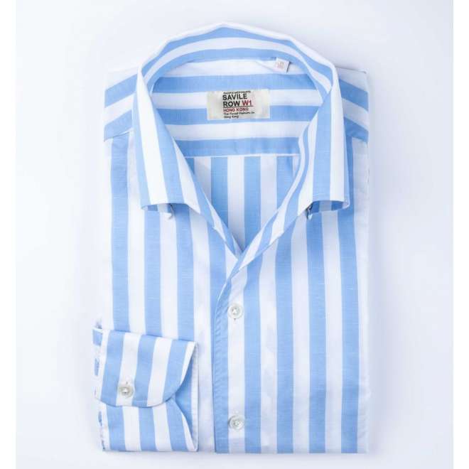 Light blue and white extra wide stripe one piece collar shirt